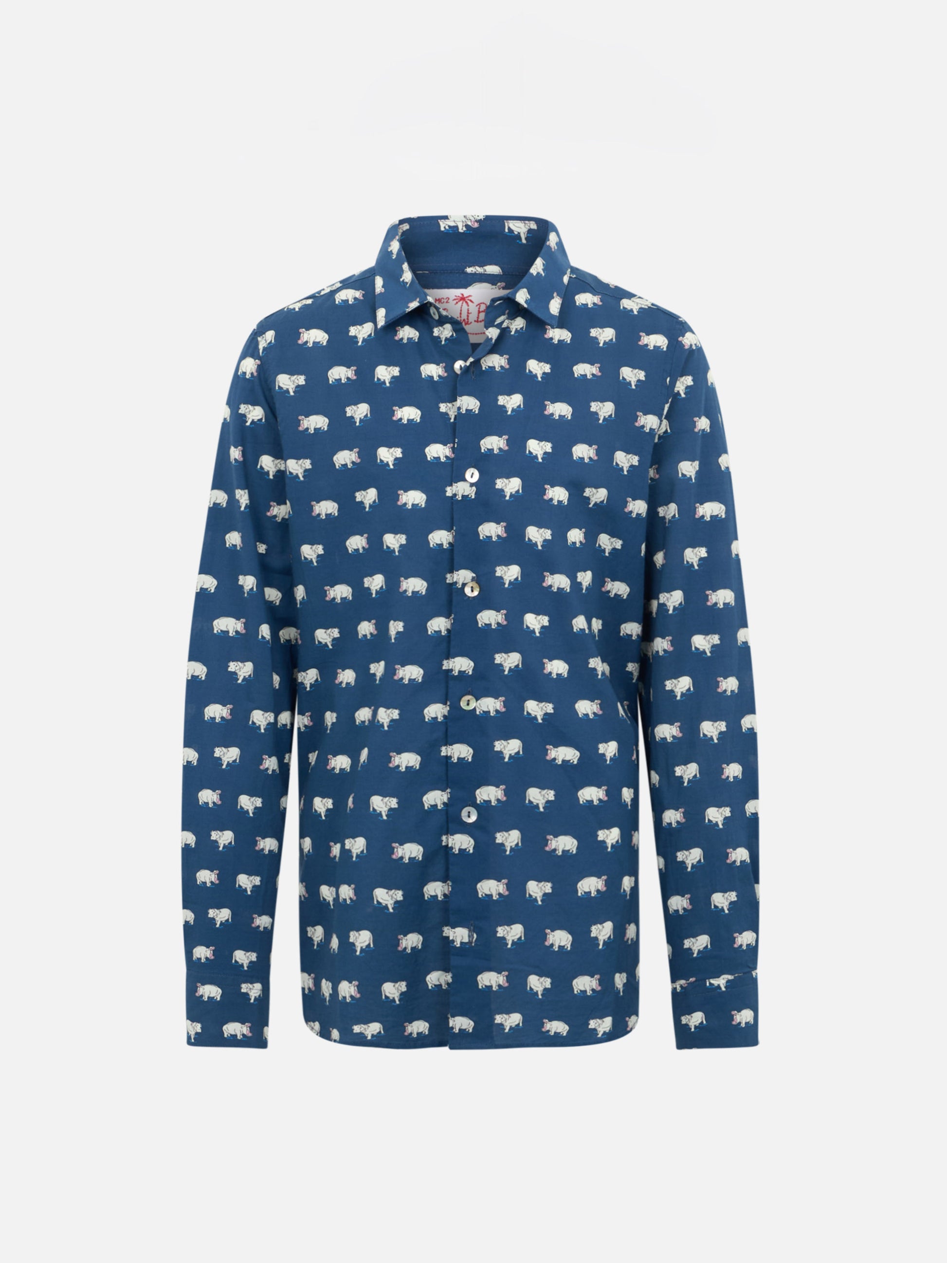Blue Boy muslin cotton shirt Sharouk with micro hippo print - MC2 Saint Barth