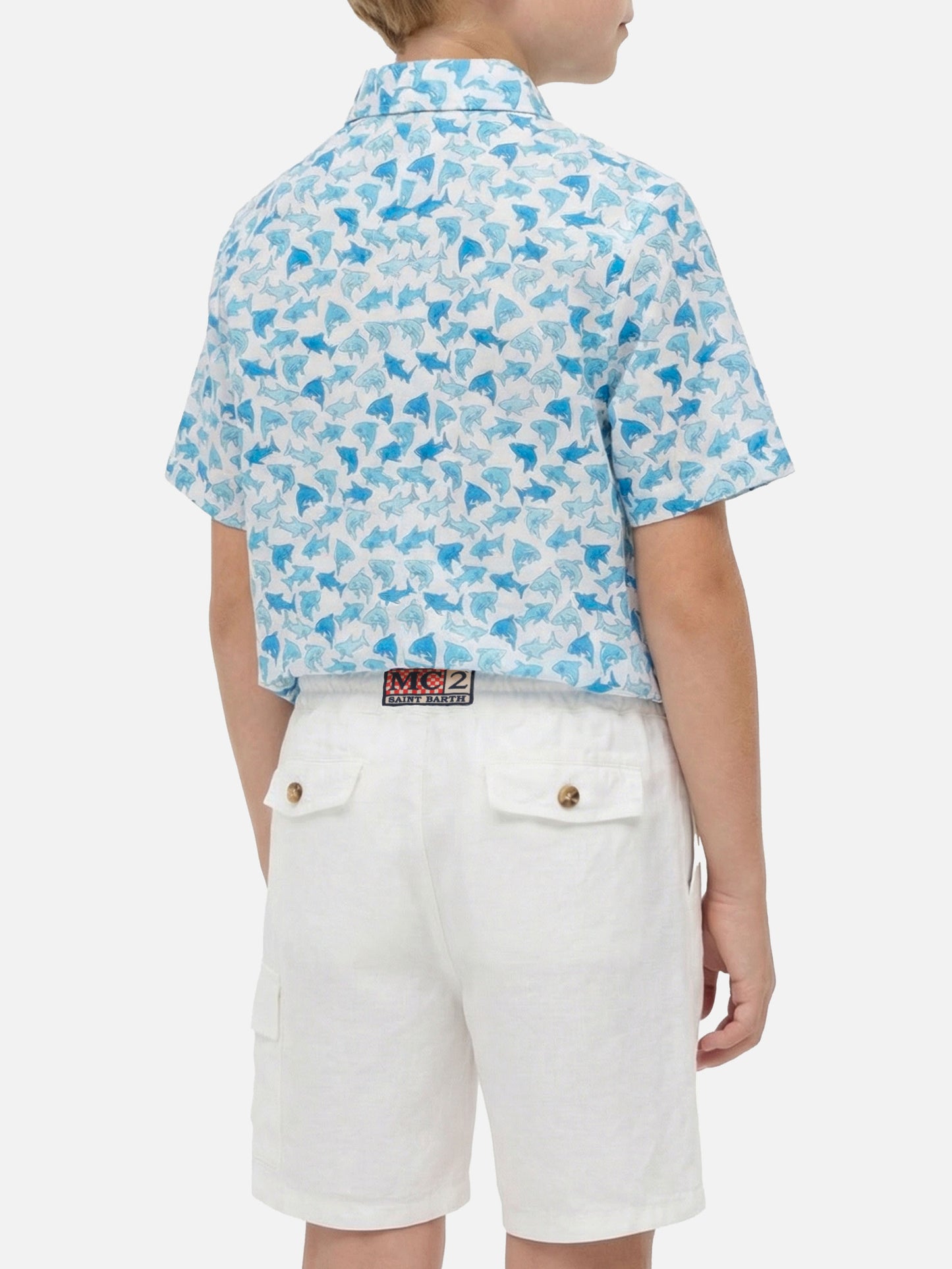 Chemise garçon à imprimé all-over de requins bleu clair
