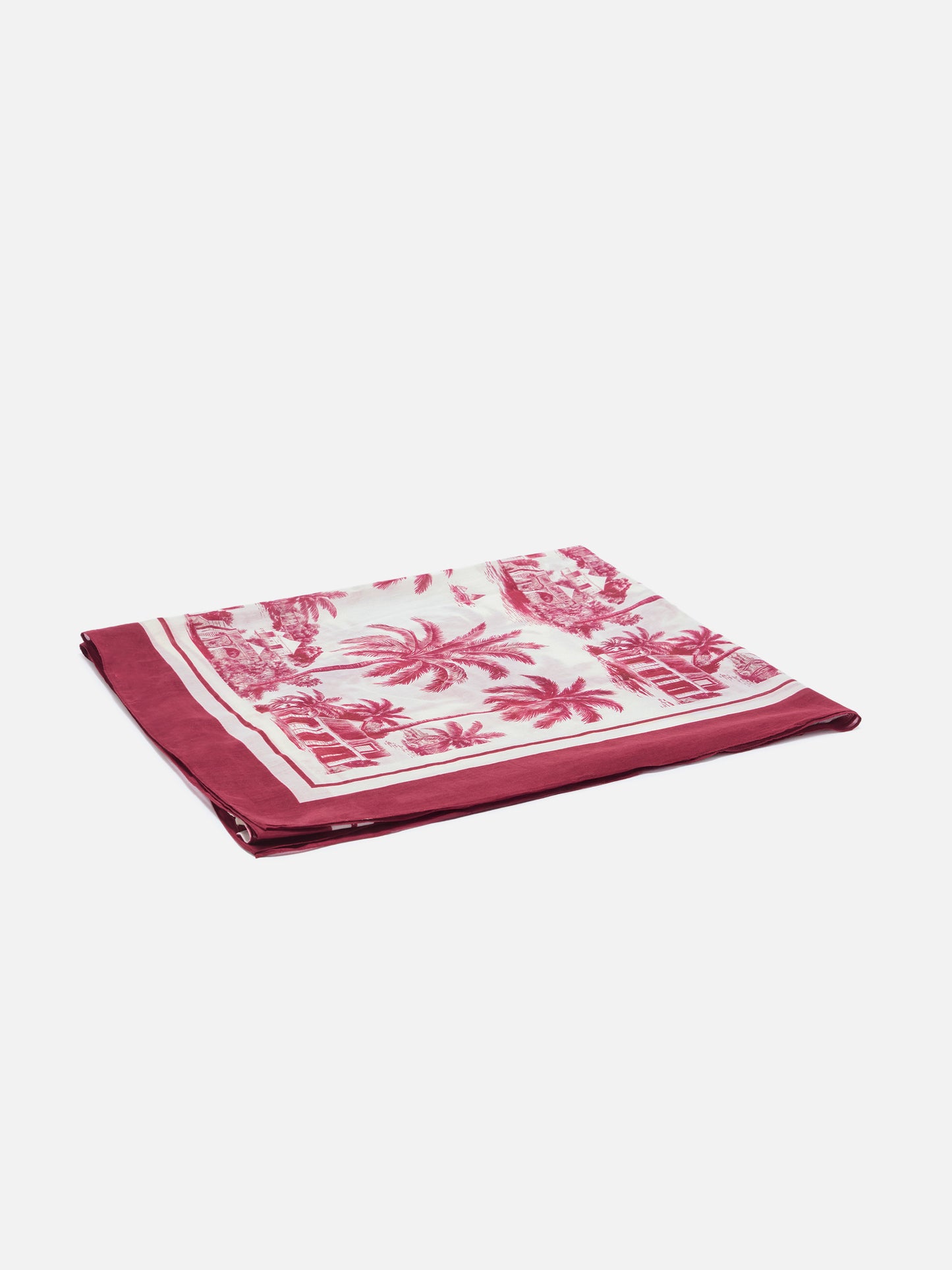 Thaiti long pareo in silk blend with burgundy toile de jouy print