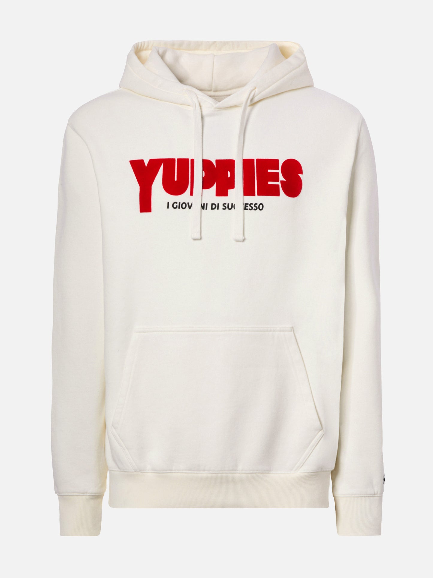 Tribeca Baumwoll-Hoodie in Weiß mit Yuppies-Flockdruck | YUPPIES SONDEREDITION