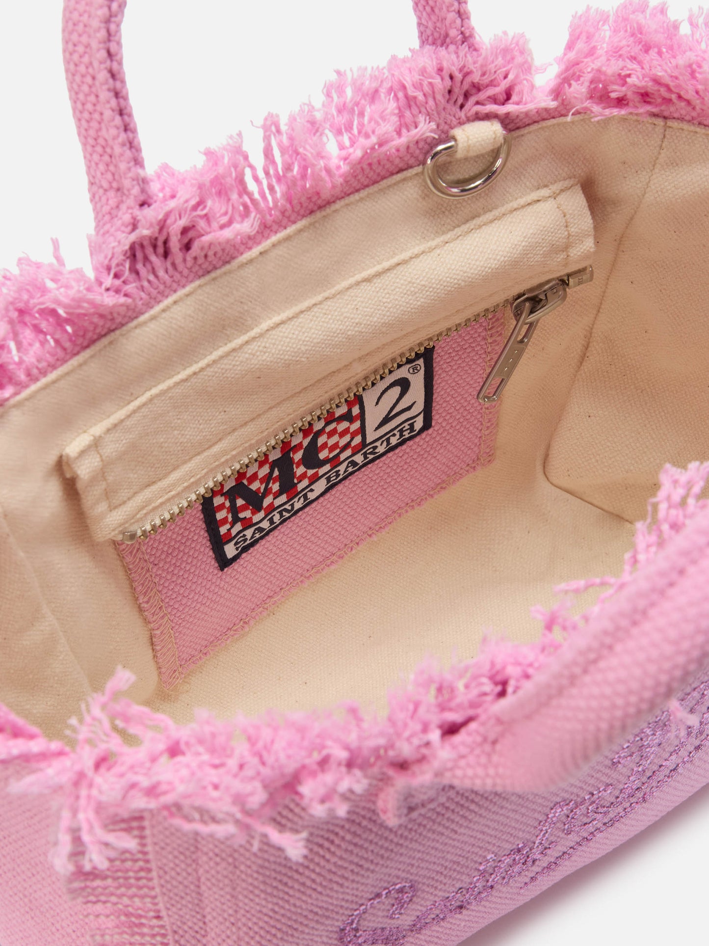 Pinke Vanity-Minitasche aus Canvas mit Logo aus Strasssteinen