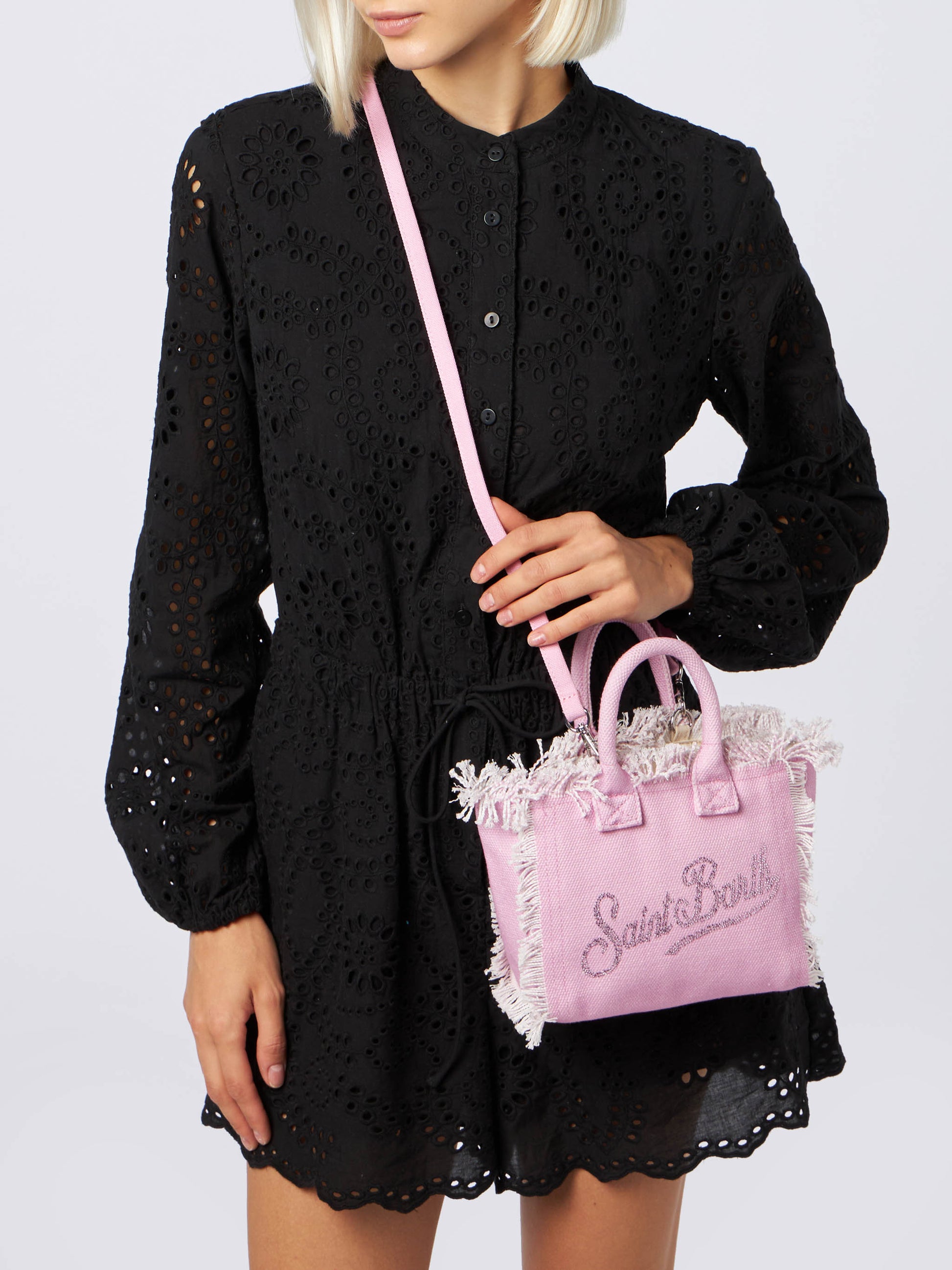 Pink cotton canvas Mini Vanity bag with rhinestone logo - MC2 Saint Barth