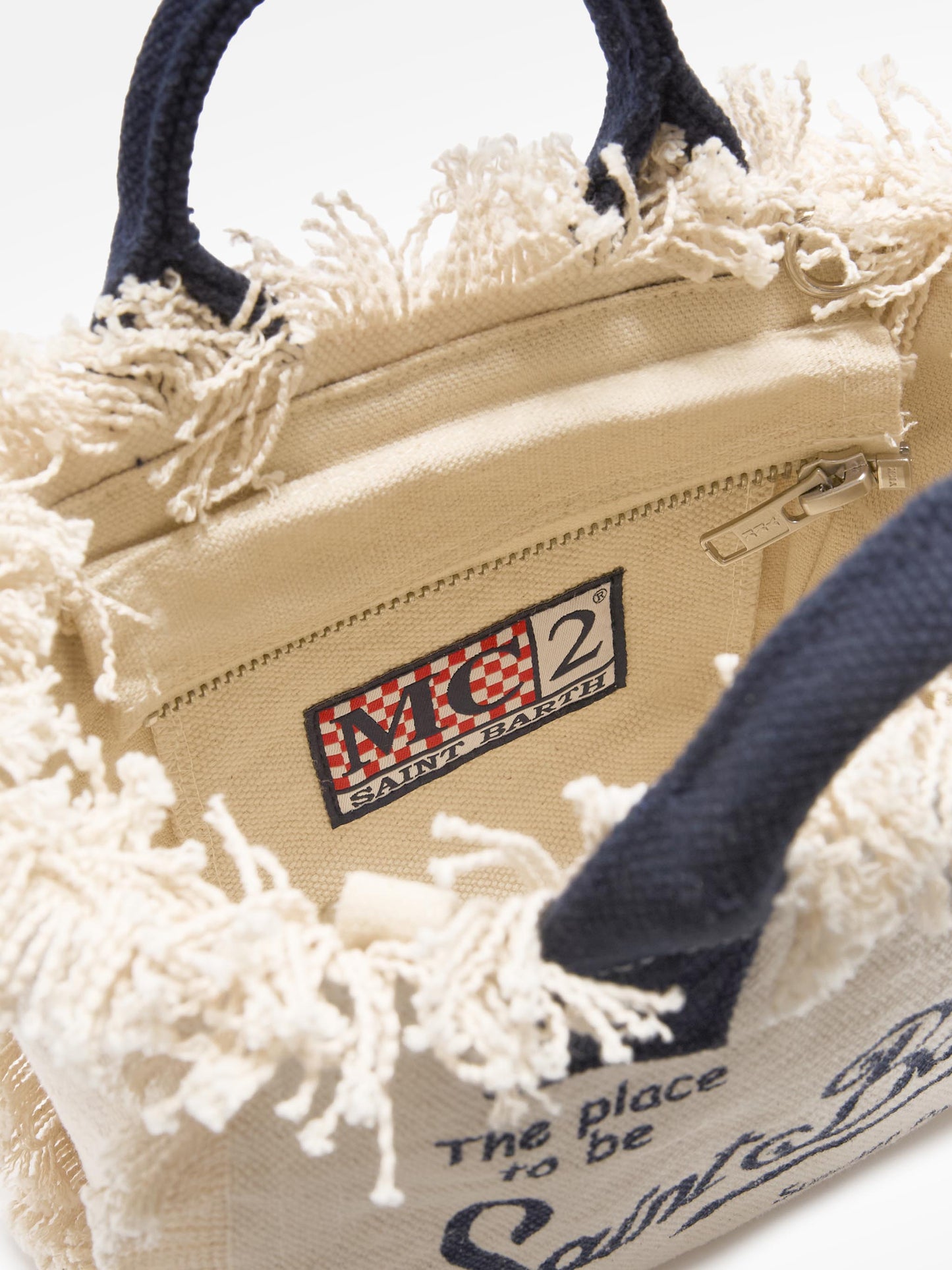 Borsa Vanity mini in canvas bianca con dettagli blu