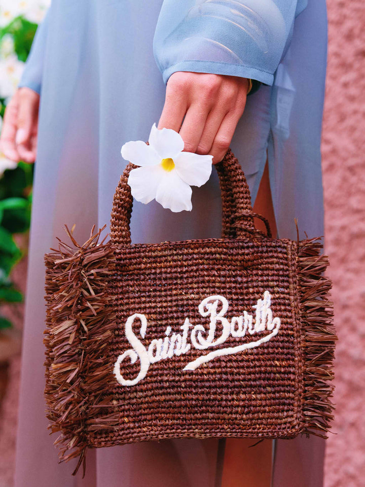 Mini Vanity Tasche aus Raffiabast mit Fransen und Saint Barth-Stickerei