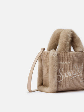 Borsa morbida a mano Vanity Mini Shearling Rib in misto lana a trecce beige