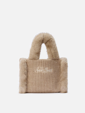 Borsa morbida a mano Vanity Mini Shearling Rib in misto lana a trecce beige