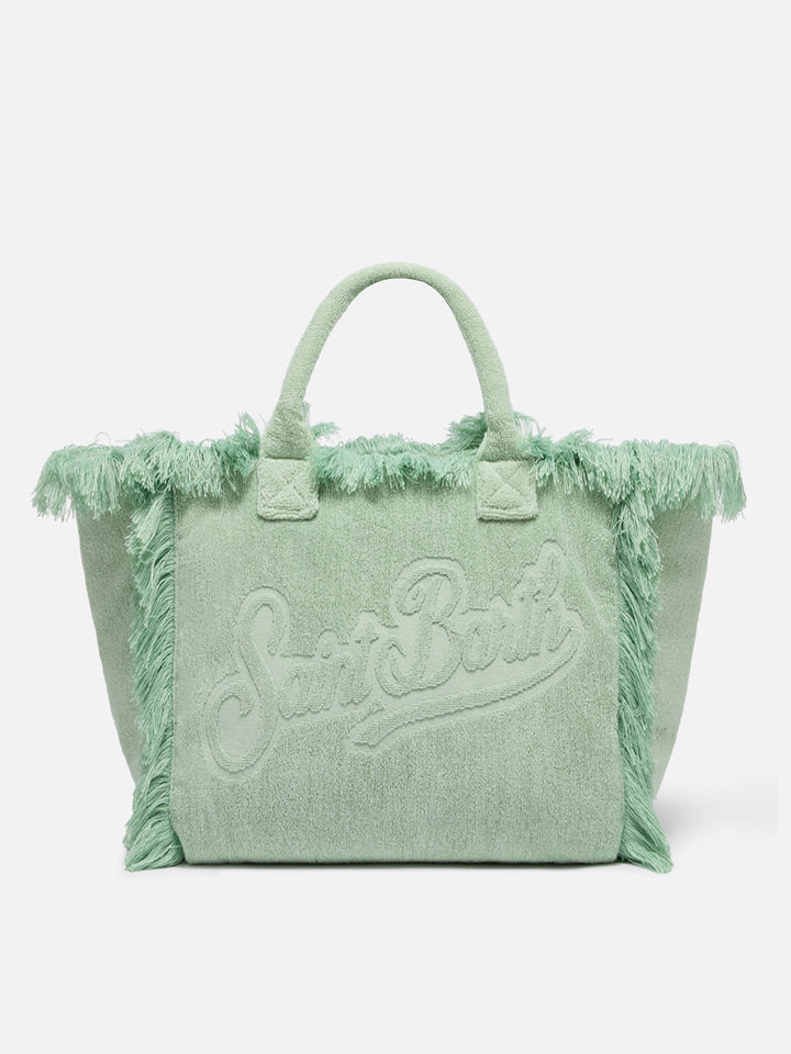 Borsa a spalla Vanity Terry verde salvia con logo in bassorilievo