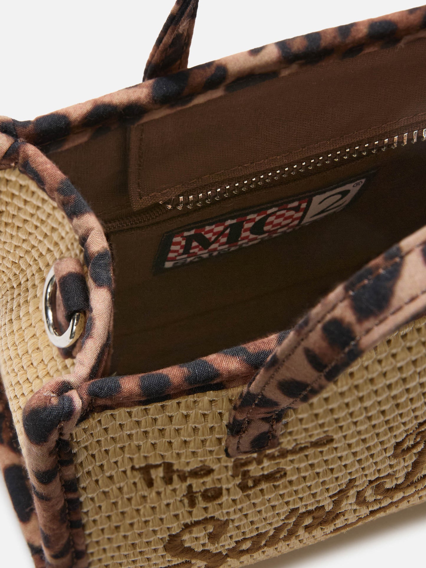 Borsa Vivian mini in tessuto effetto paglia con profili leopardati