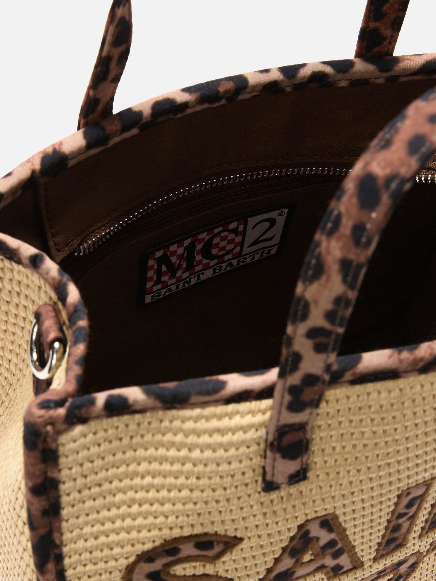 Vivian medium raffia effect bag with leopard logo patches
