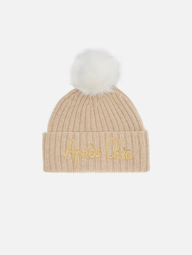 Wengen beanie in cashmere blend in beige with lurex Après Chic embroidery and pom-pom