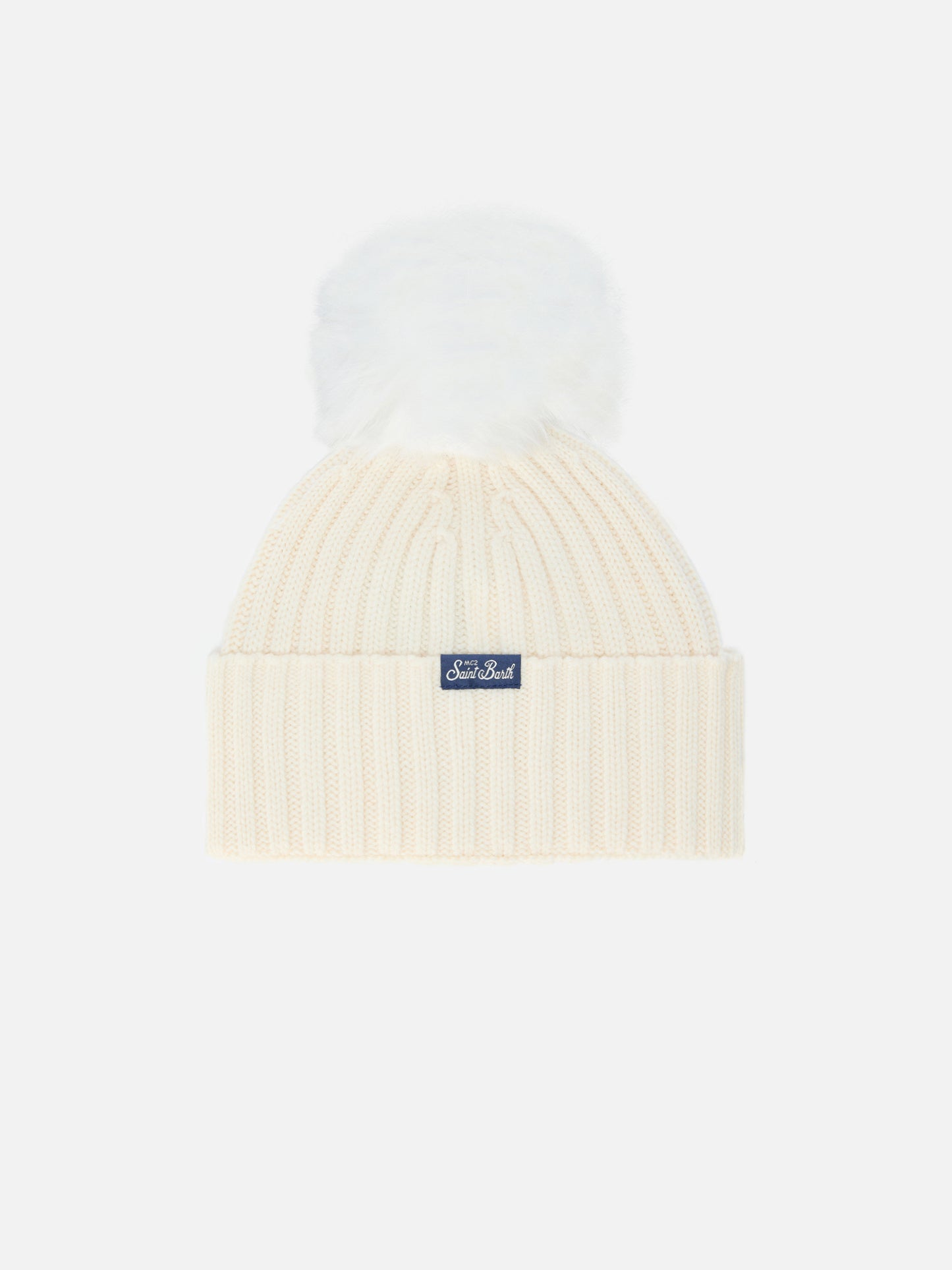 Wengen Jr F beanie in cashmere blend in white with Favolosa embroidery