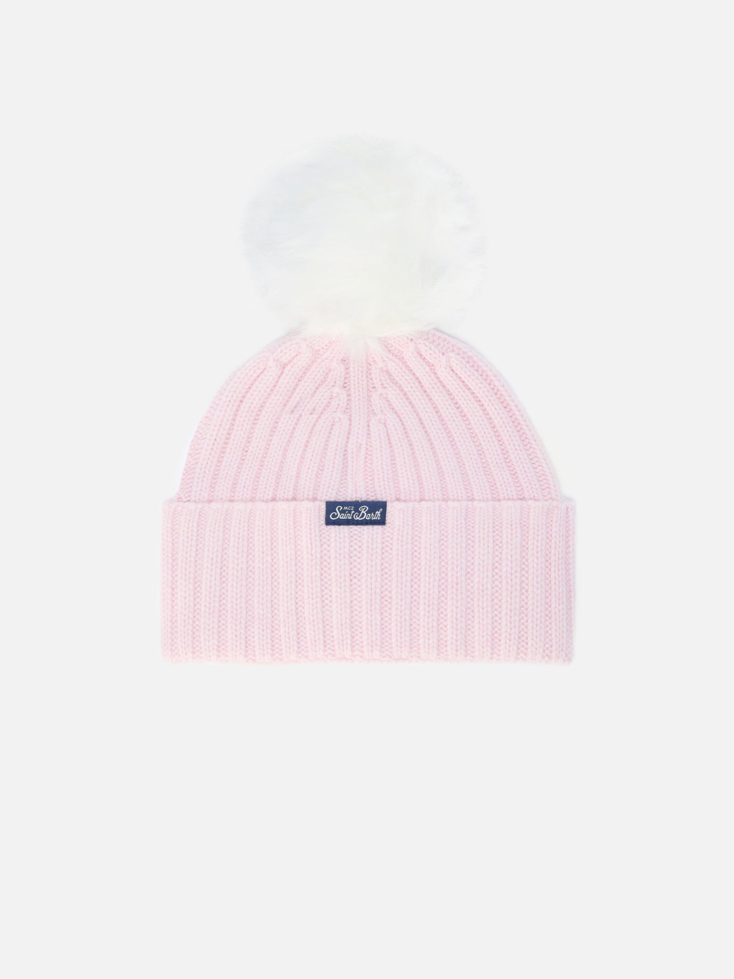 Wengen Jr F beanie in cashmere blend in pink with Pretty Girl embroidery