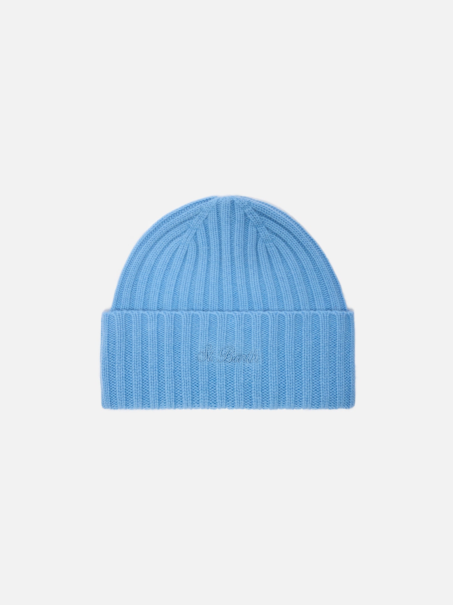 Wengen beanie in cashmere in light blue with St. Barth embroidery on the turn-up