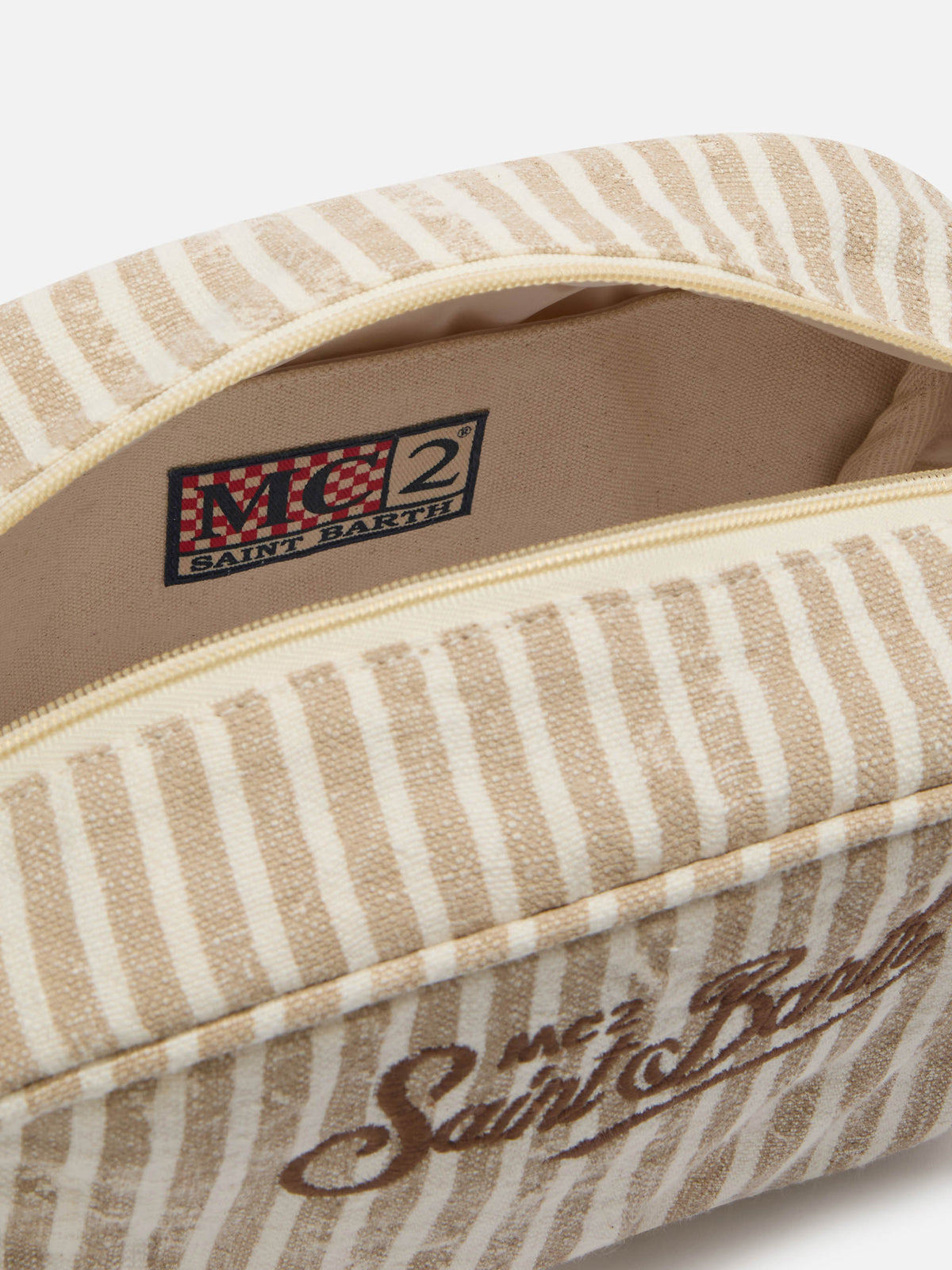 Trousse de beauté Westwood en lin à motif rayé beige et blanc
