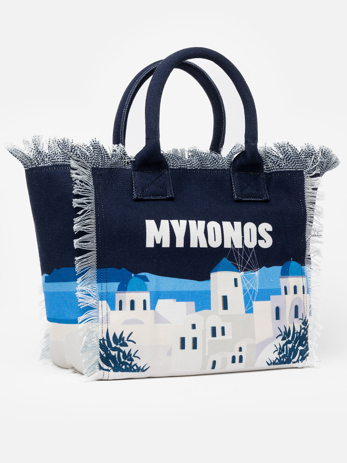 Borsa tote Vanity in tela di cotone cartolina di Mykonos