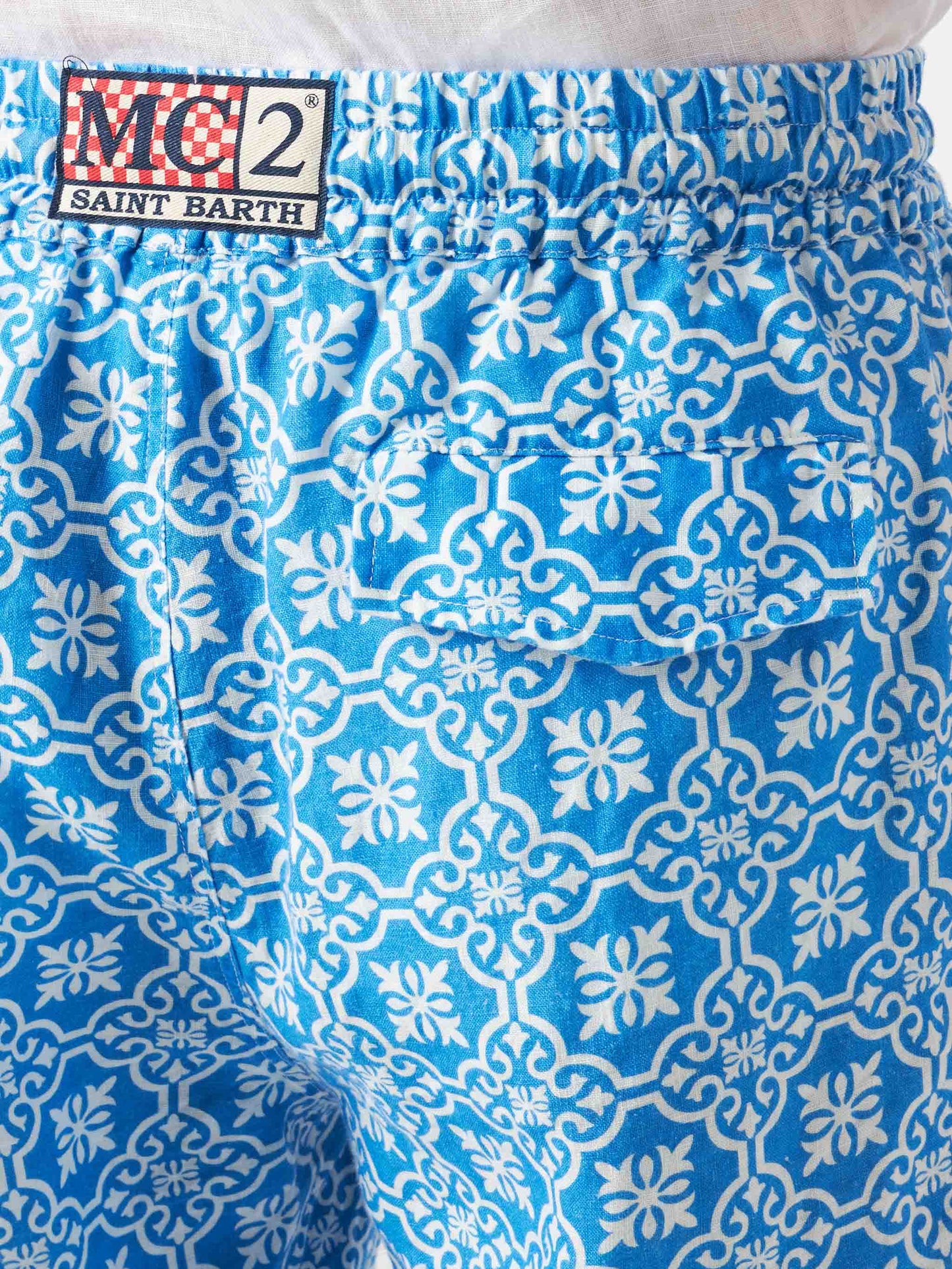 Man linen bermuda shorts with white and light blue majolica print - MC2 Saint Barth