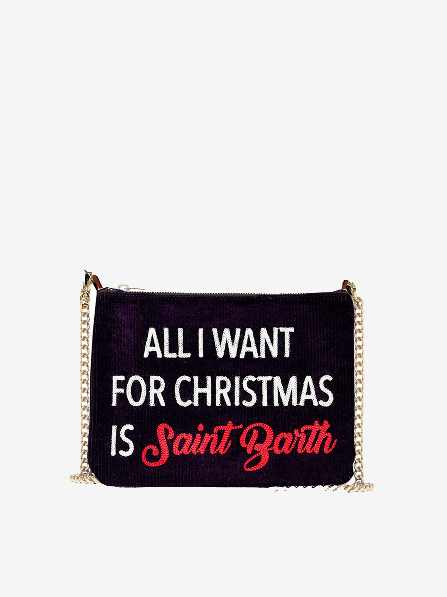 Parisienne velvet cross-body pouch bag with All I want for Christmas is Saint Barth embroidery