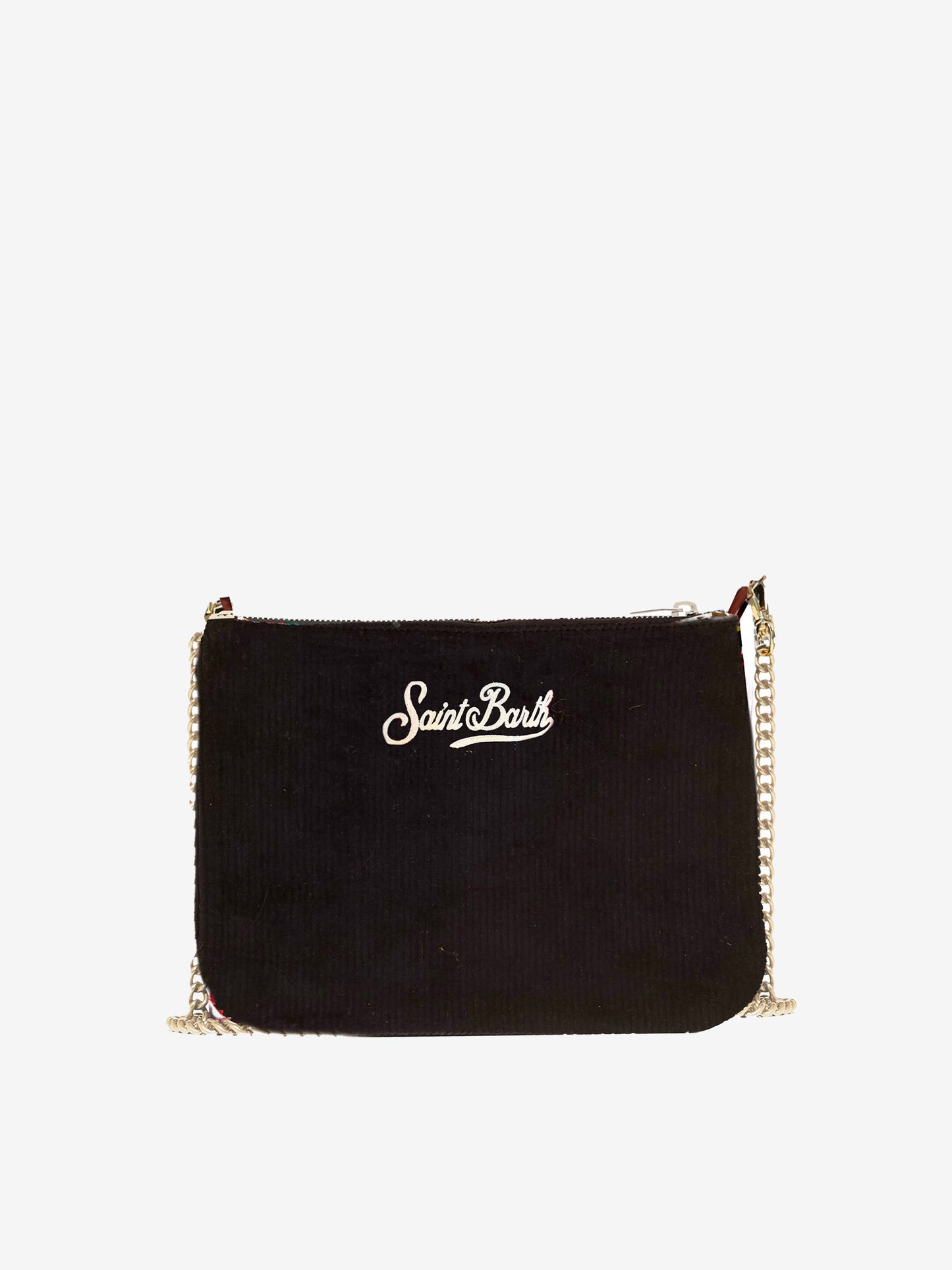 Parisienne velvet cross-body pouch bag with All I want for Christmas is Saint Barth embroidery