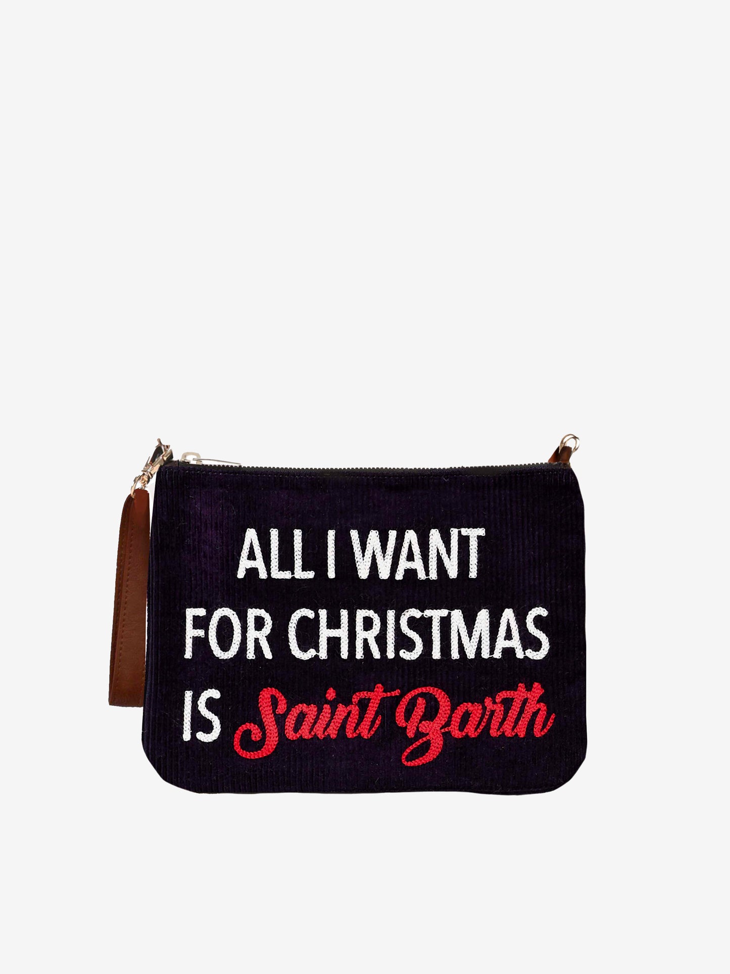 Parisienne velvet cross-body pouch bag with All I want for Christmas is Saint Barth embroidery