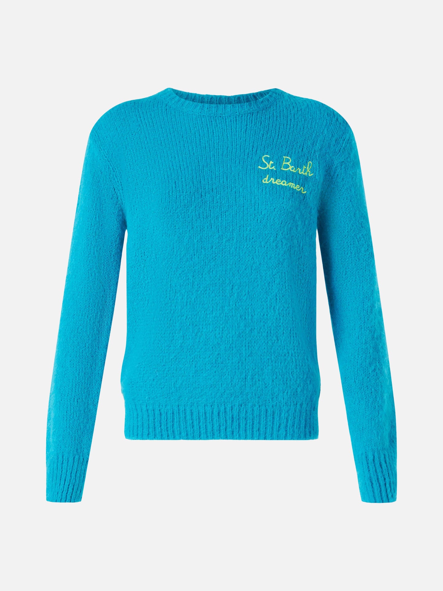 Hellblauer gebürsteter Damenpullover mit Stickerei