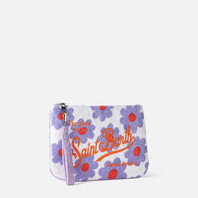 Parisienne-Clutch aus Frottee mit violettem und orangefarbenem Gänseblümchen-Print