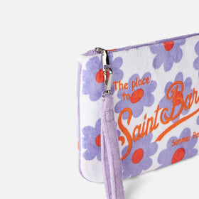 Parisienne-Clutch aus Frottee mit violettem und orangefarbenem Gänseblümchen-Print