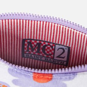 Parisienne-Clutch aus Frottee mit violettem und orangefarbenem Gänseblümchen-Print