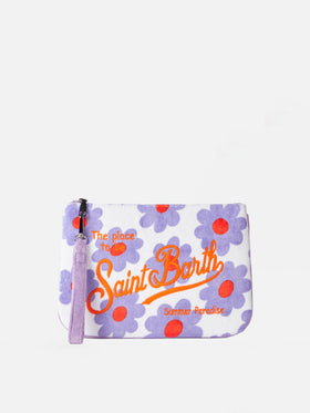 Parisienne-Clutch aus Frottee mit violettem und orangefarbenem Gänseblümchen-Print