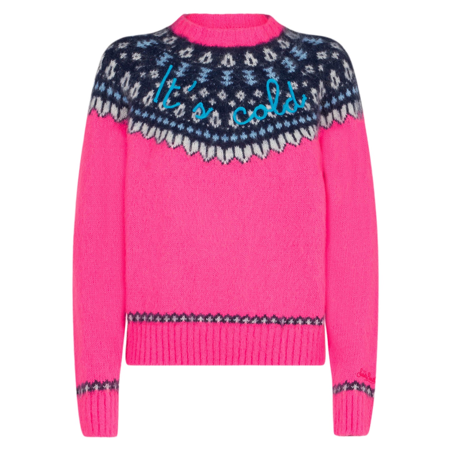 Neonpinkes Rundhals-Shirt „New Queen Nordic Soft“ mit Fair-Isle-Jacquardmuster und „It's Cold“-Stickerei