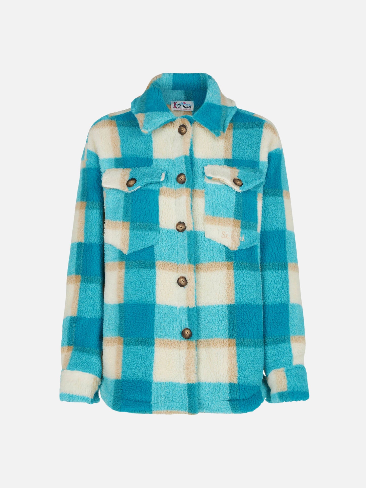 Woman sherpa overshirt with tartan pattern