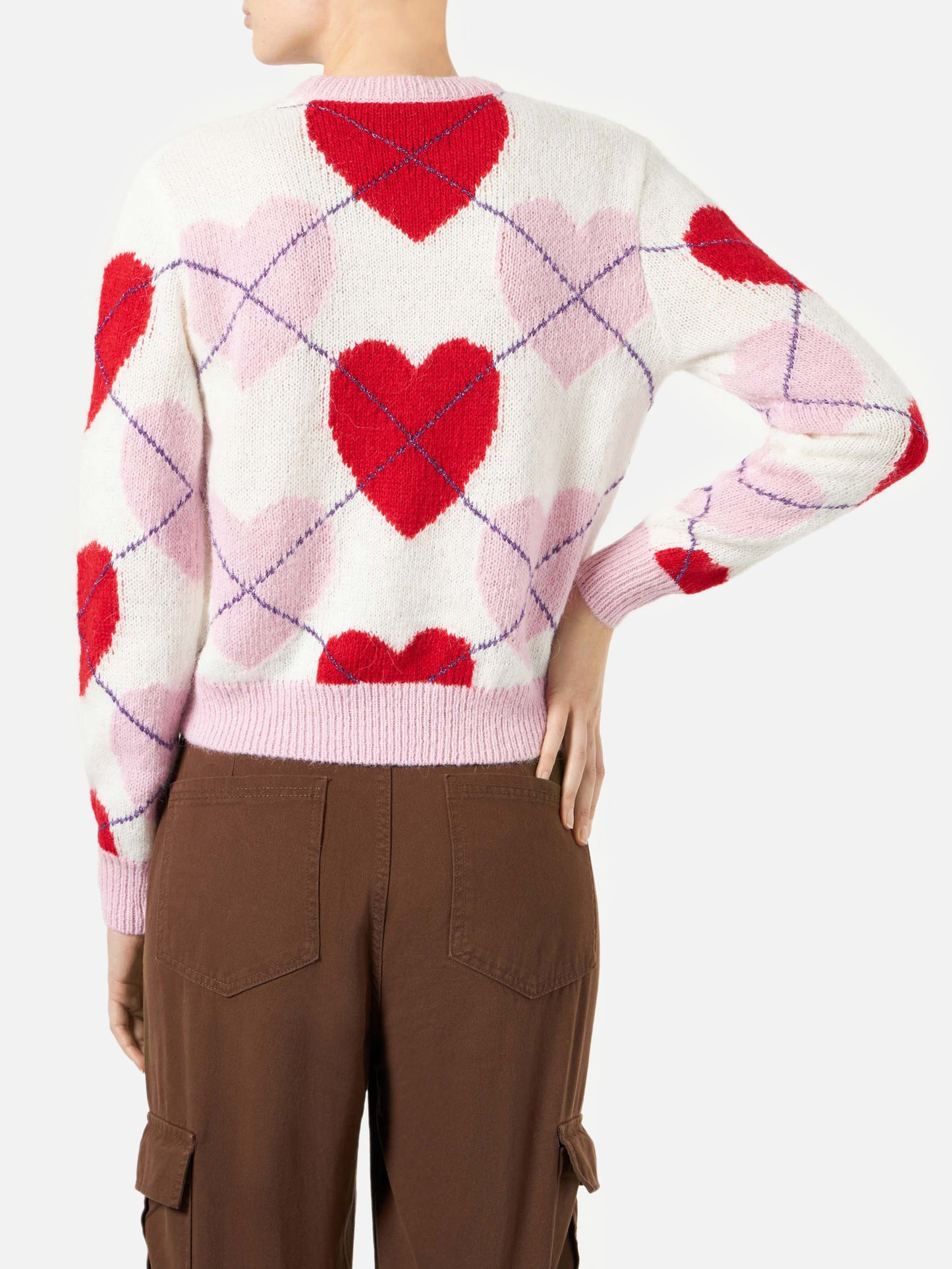 Woman brushed cropped sweater with heart pattern