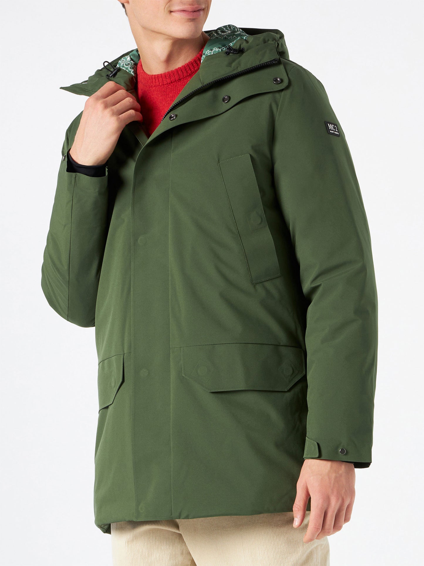 Man military green hooded parka Voyager with bandanna print - MC2 Saint Barth