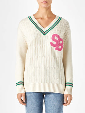 Woman v-neck braided sweater with patch - MC2 Saint Barth