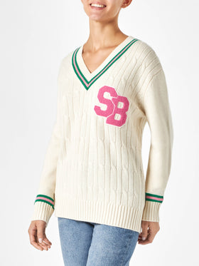 Woman v-neck braided sweater with patch - MC2 Saint Barth