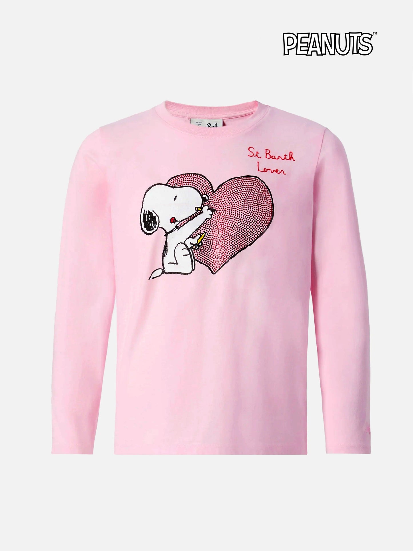 Penny Langarm-T-Shirt aus Baumwolle in Rosa mit Snoopy-Print und Strassapplikationen | PEANUTS SONDEREDITION