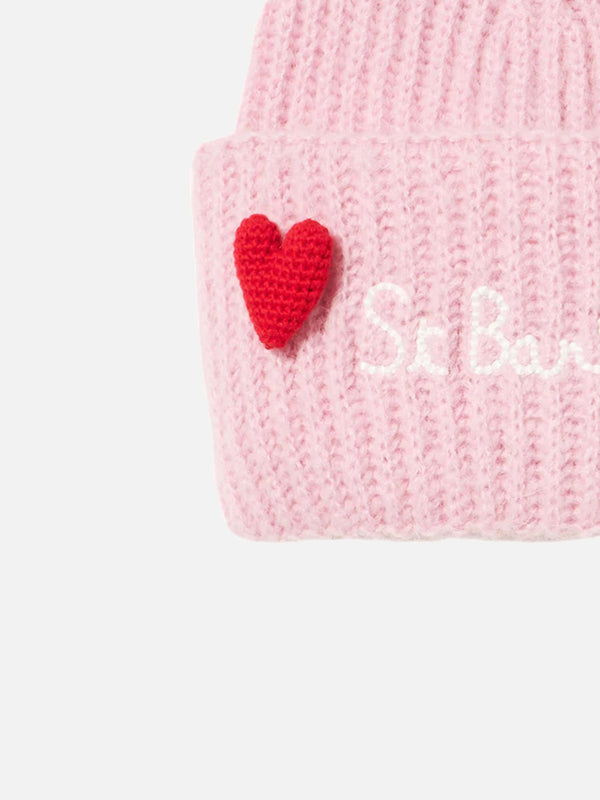 Girl brushed and ultra soft beanie with hearts appliqués