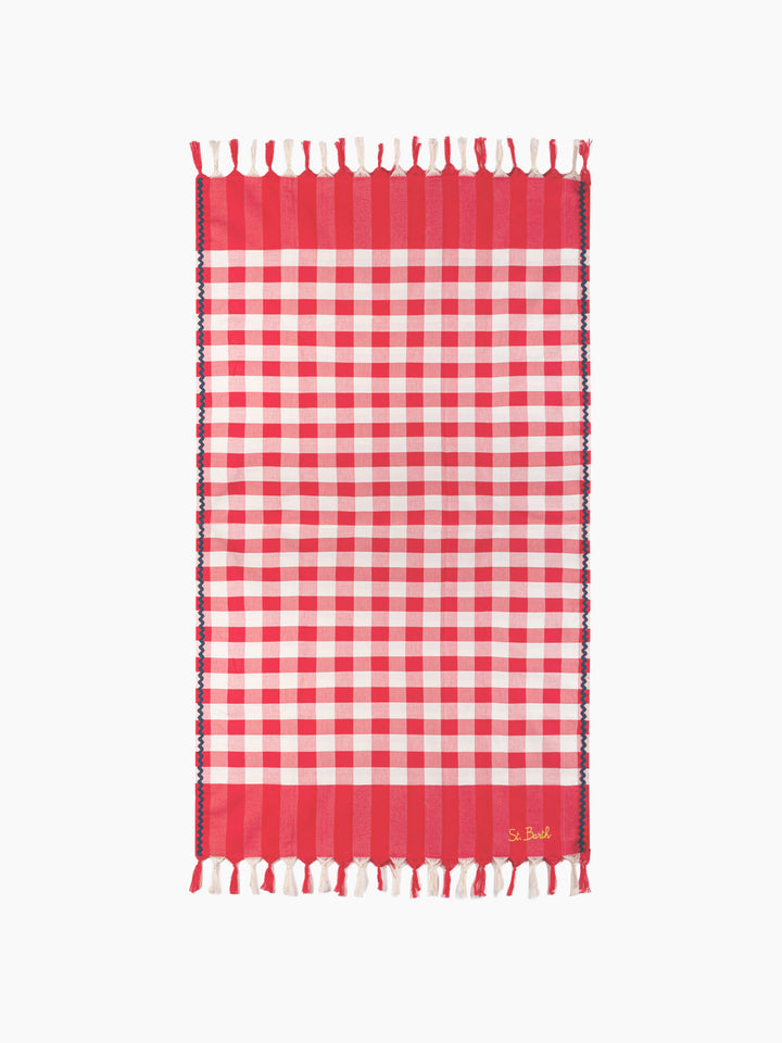 Fouta mit marineblauem Wellenbesatz und Gingham-Print