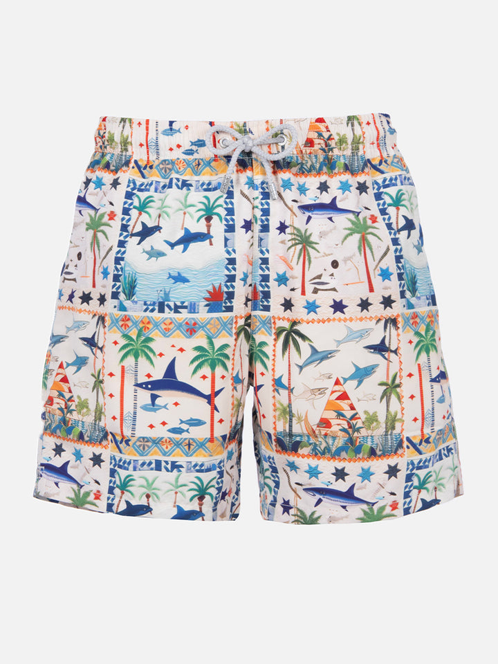 Mid-length Gustavia swim-shorts with shark print | AI CO-CREATED DESIGN BY RICKDICK - POWERED BY RED-EYE