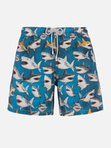 Man mid-length Gustavia swim-shorts with shark print  | AI CO-CREATED DESIGN BY RICKDICK - POWERED BY RED-EYE