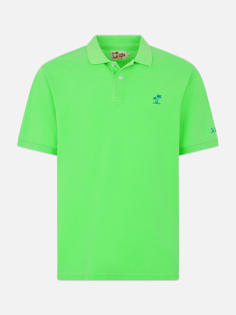 Polo da uomo in piquet verde fluo con logo St. Barth ed effetto vintage