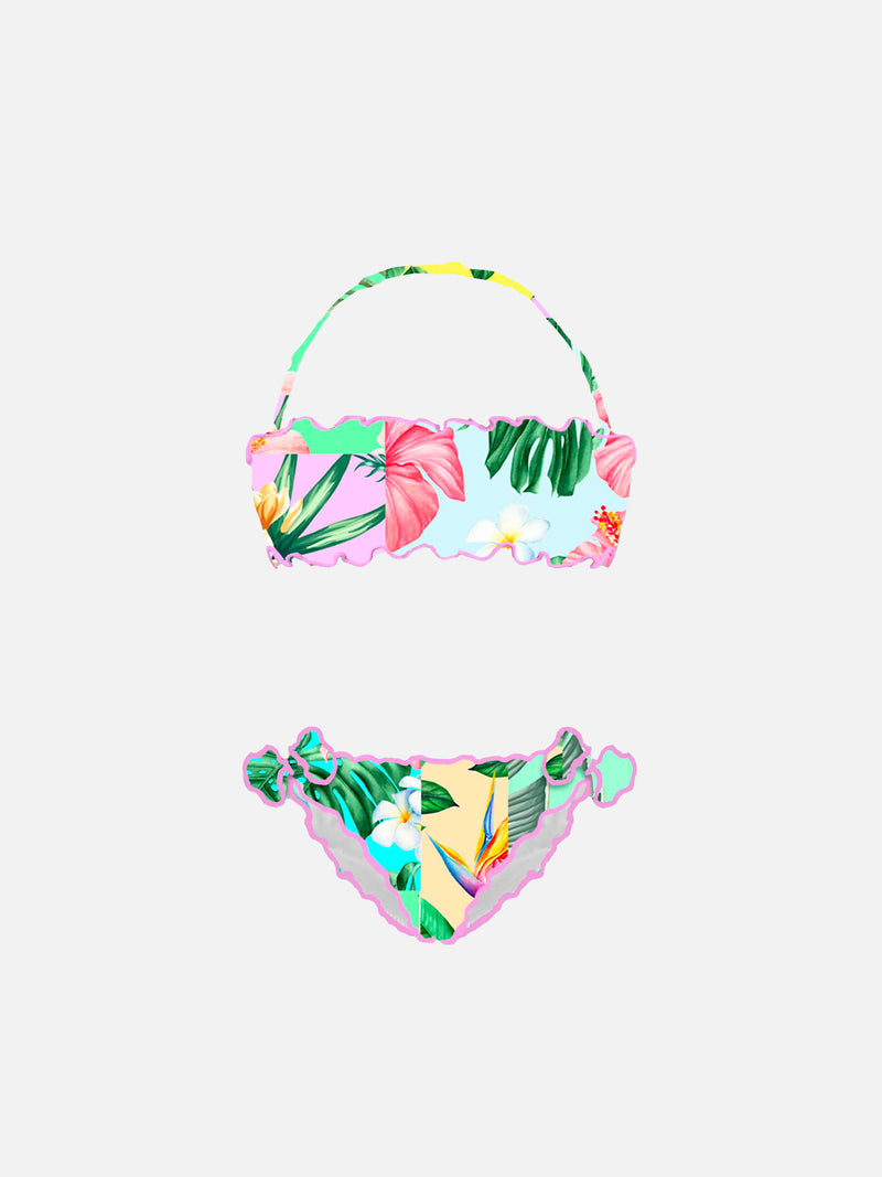 Bikini da bambina a fascia  con stampa fiori