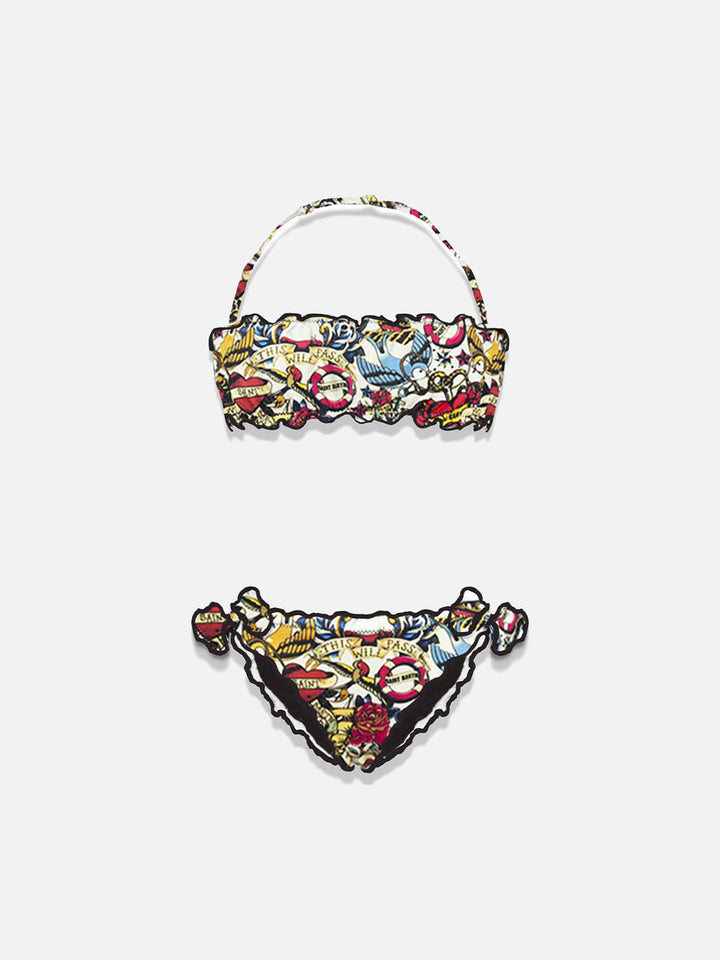Girl bandeau bikini with tattoo print