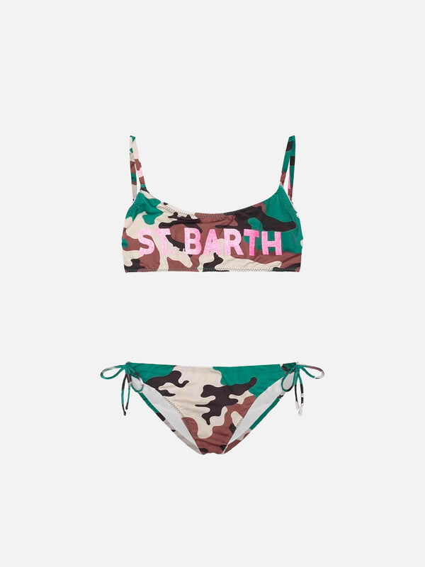 Bikini da bambina a bralette mimetico con grafica frontale glitterata St. Barth