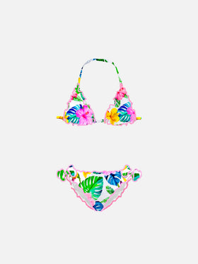 Bikini da bambina a triangolo con stampa tropicale