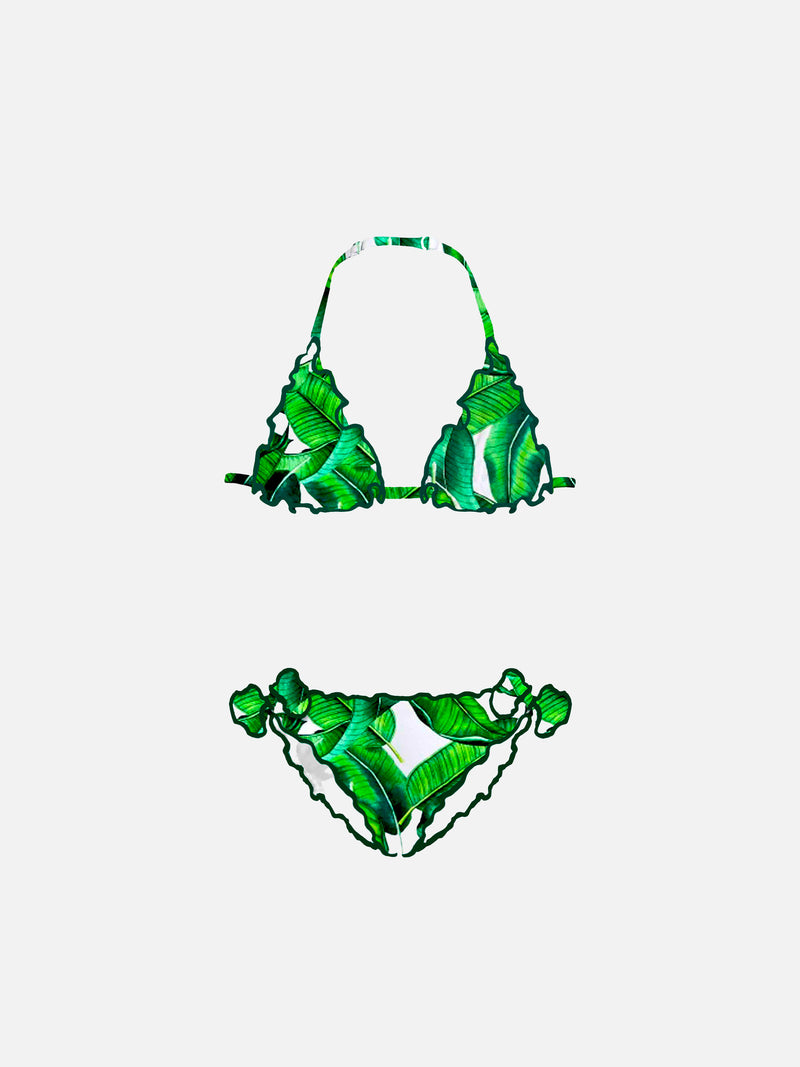 Girl triangle bikini with tropical print