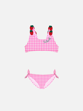 Rosafarbener Mädchenbikini mit Vichy-Print und Erdbeerapplikation