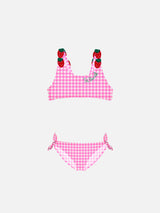 Pink vichy  print  girl bikini with strawberry applied