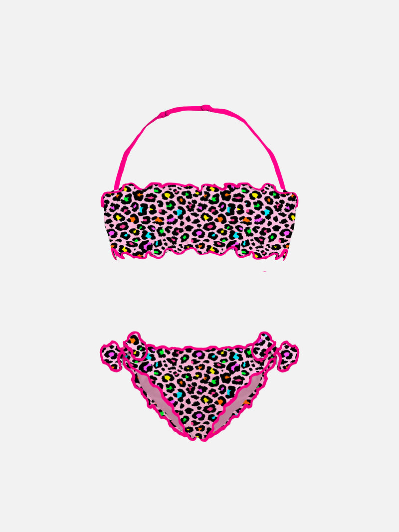 Bikini da bambina a fascia con stampa leopardata