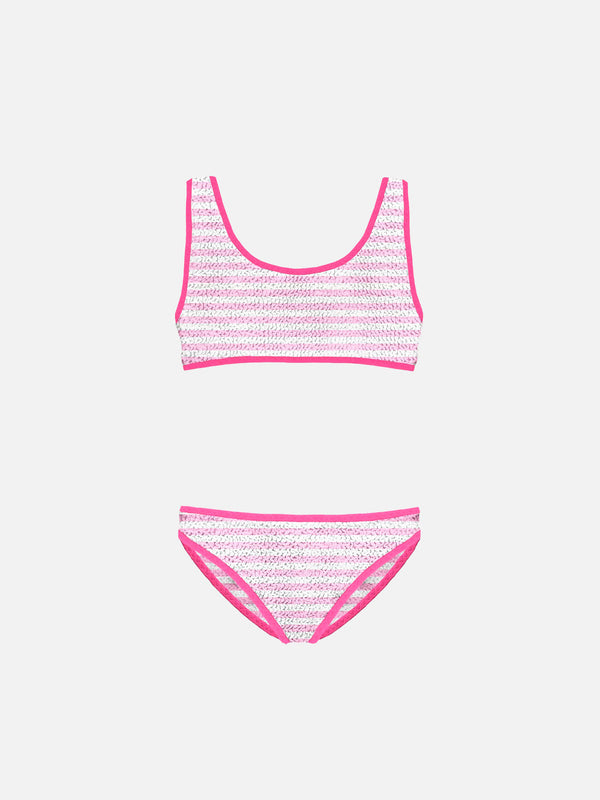 Gestreifter Crinkle-Bralette-Bikini für Mädchen mit Paspelierung