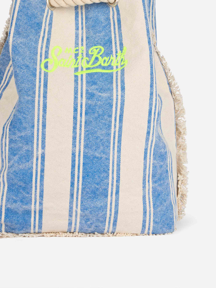 Boat canvas backpack with white and light blue stripes